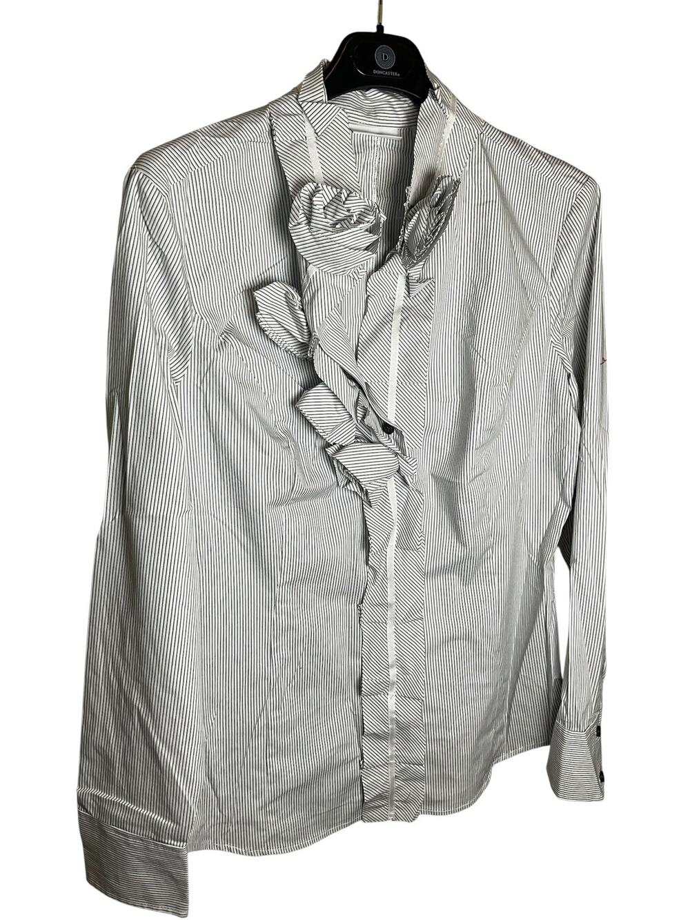 New York & Company Shirt Women Large White Black Striped Ruffle Floral Button Up